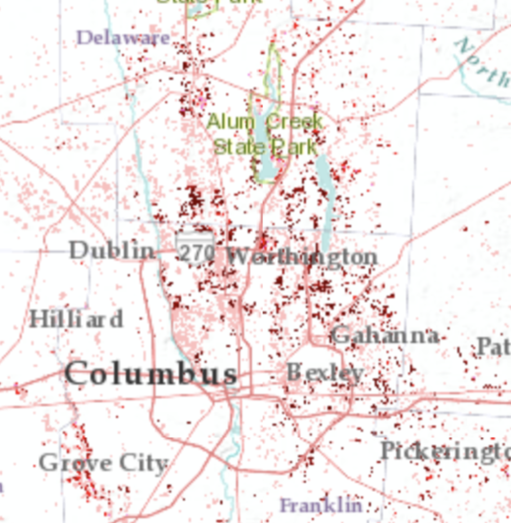 Risk map of central Ohio where oak wilt could increase.